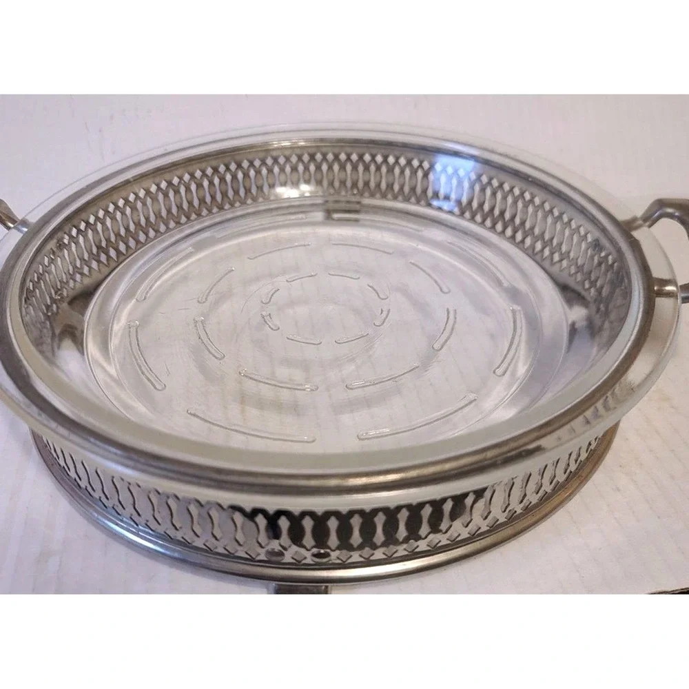 Vintage Glasbake Glass Casserole Pie Dish & Silver Metal Pierced‎ Handle Carrier